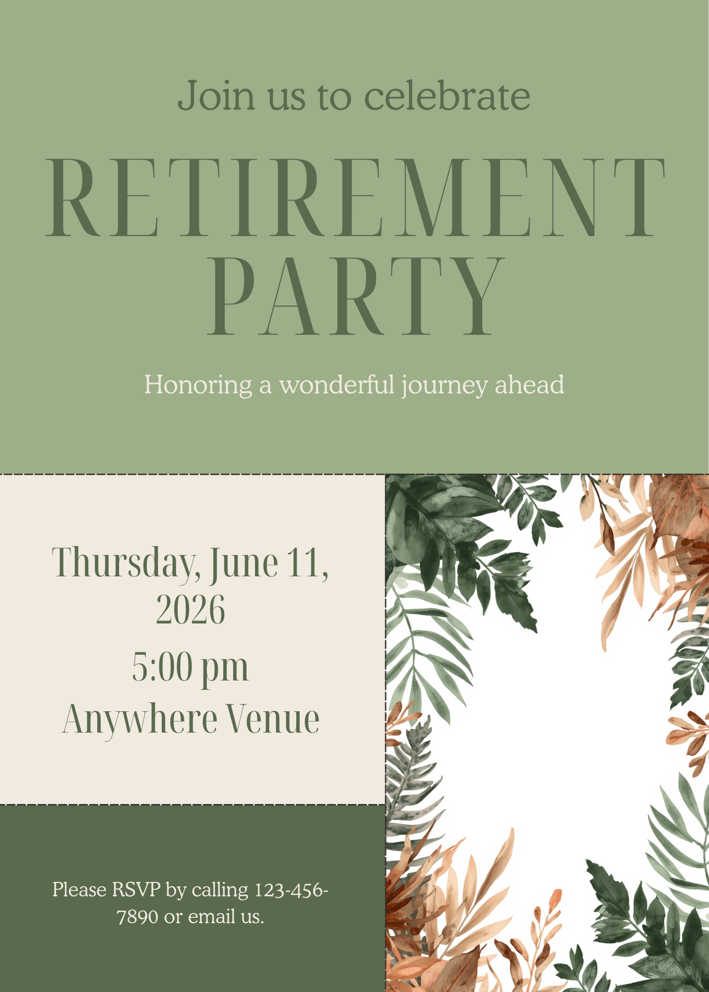 Modern Botanical Retirement Party Invitation Template | Editable Canva | Sage Green | Printable Instant Download UK