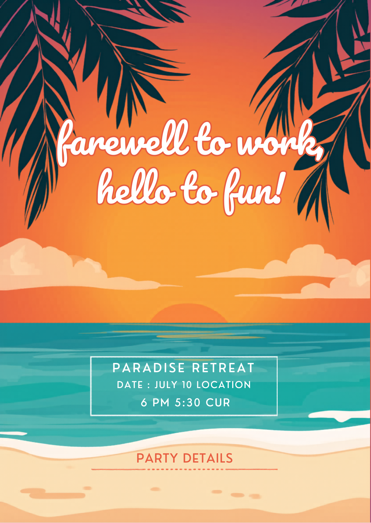 Tropical Sunset Beach Retirement Party Invitation Template | Editable Canva | Fun Summer | Printable Instant Download UK