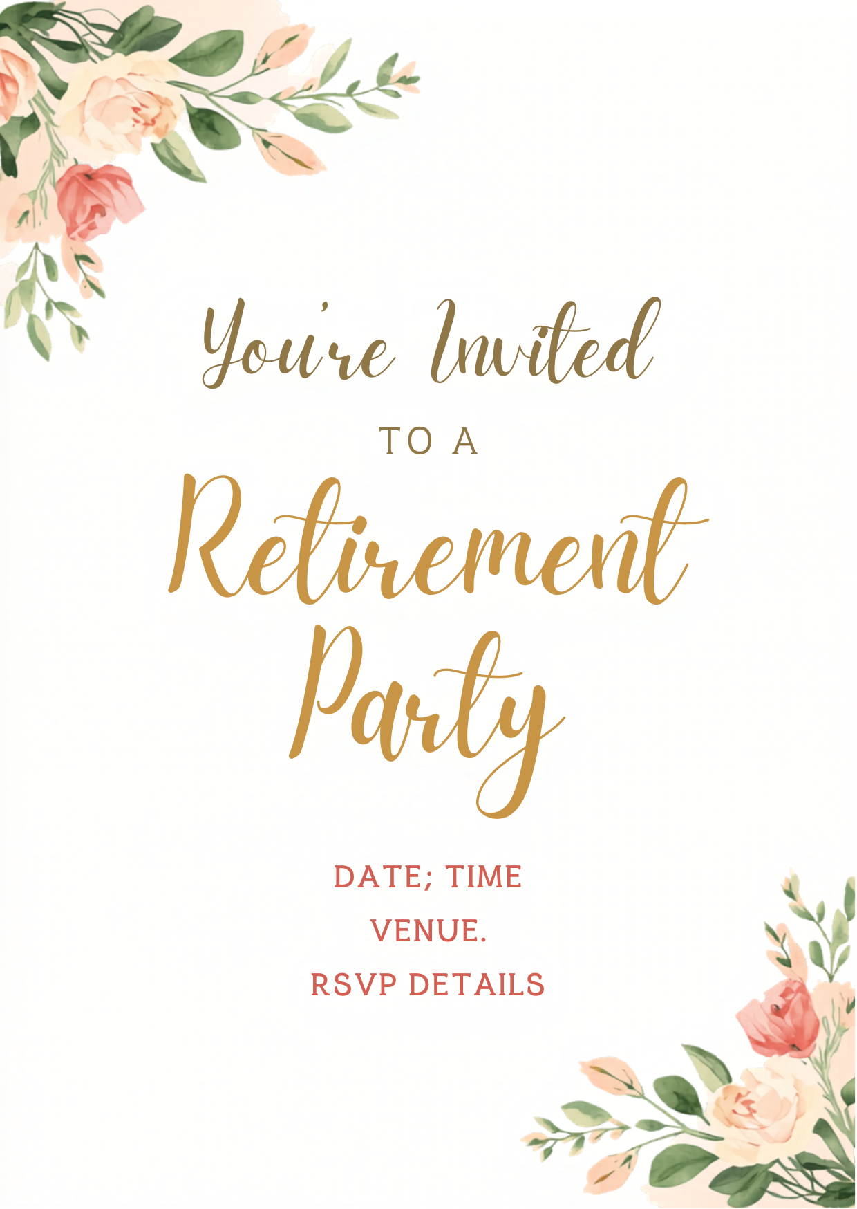 Blush Floral Retirement Party Invitation Template | Editable Canva | Pink Roses Gold Script | Printable Instant Download UK