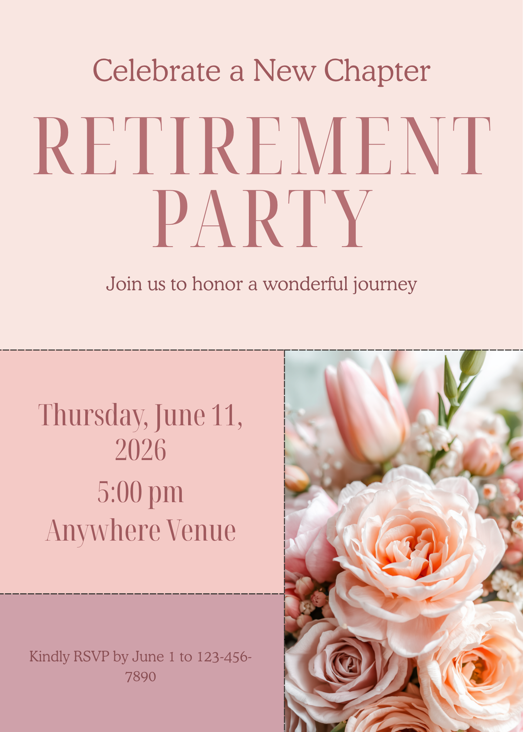 Modern Blush Rose Retirement Party Invitation Template | Editable Canva | Dusty Pink Floral | Printable Instant Download UK