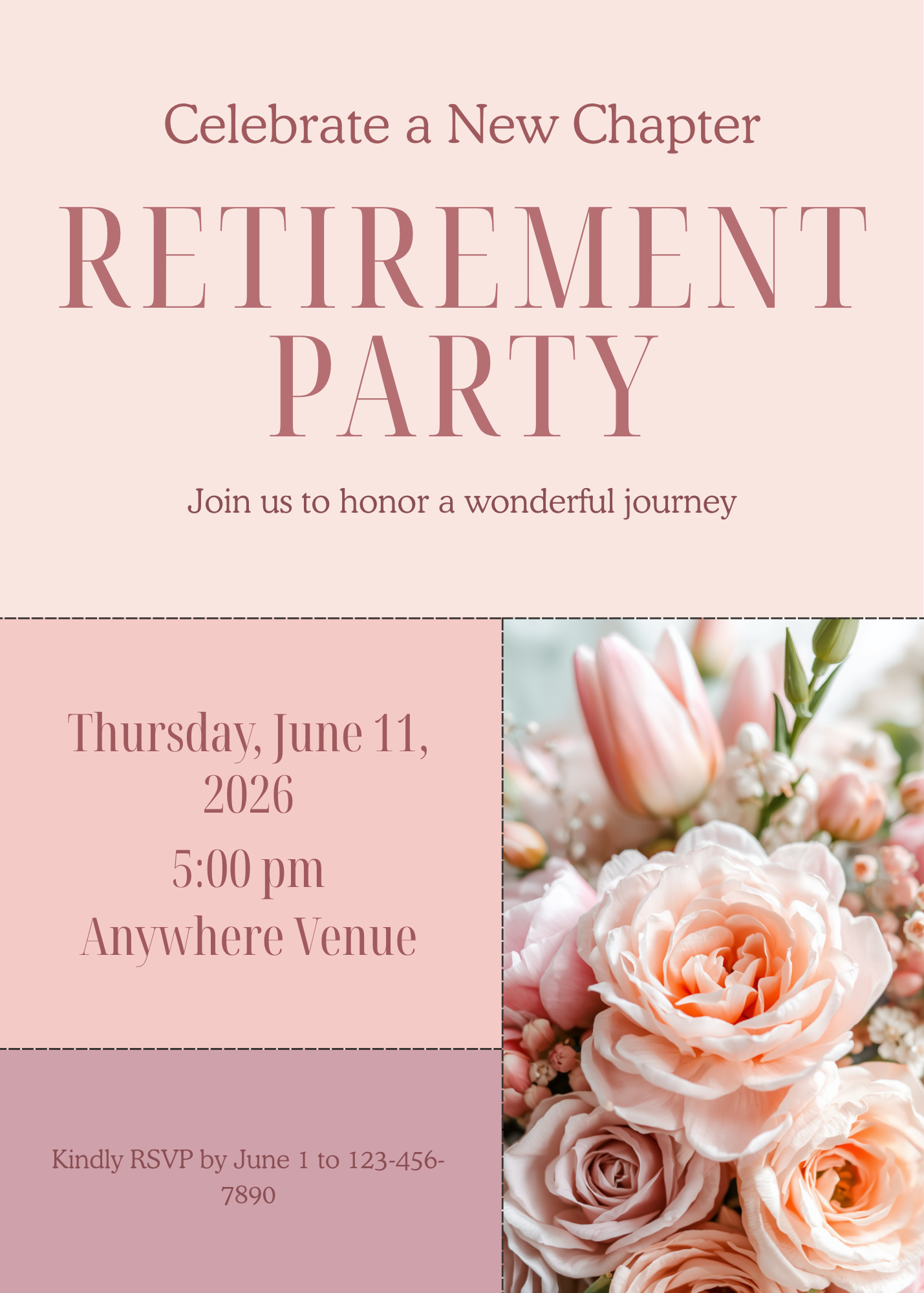 Modern Blush Rose Retirement Party Invitation Template | Editable Canva | Dusty Pink Floral | Printable Instant Download UK