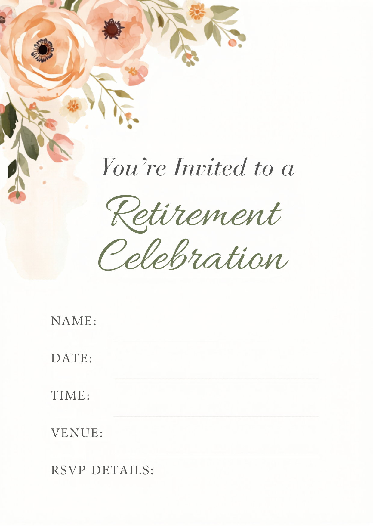 Watercolour Peach Blossom Retirement Celebration Invitation Template | Editable Canva | Soft Floral | Printable Instant Download UK