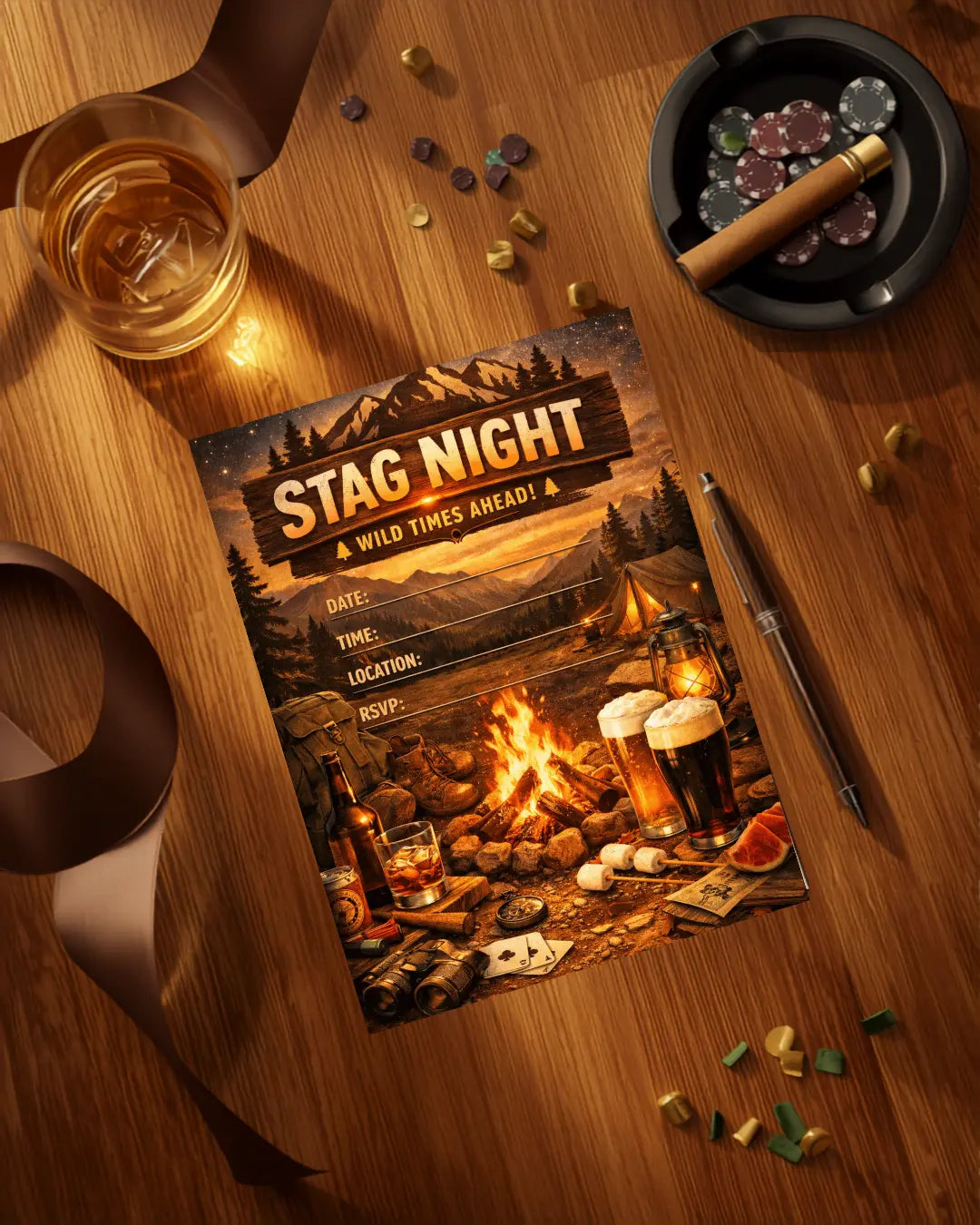 Stag Night Campfire Invitation | Editable Canva Template | Outdoor Adventure Printable Invite