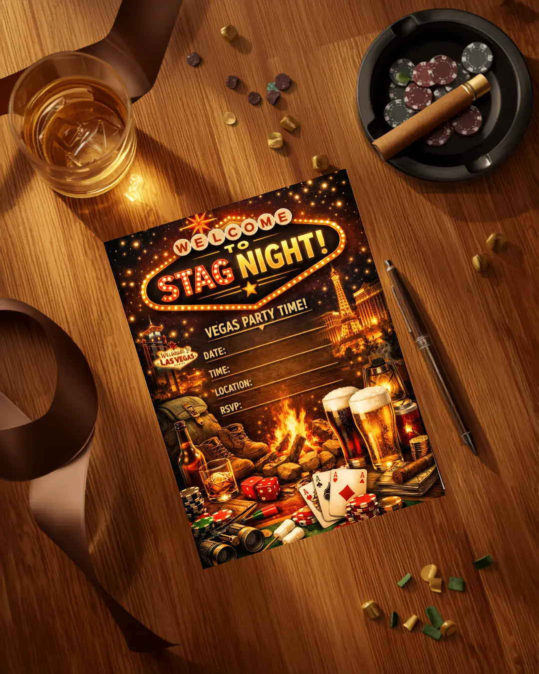 Vegas Stag Night Invitation | Editable Canva Template | Poker & Lights Printable Invite