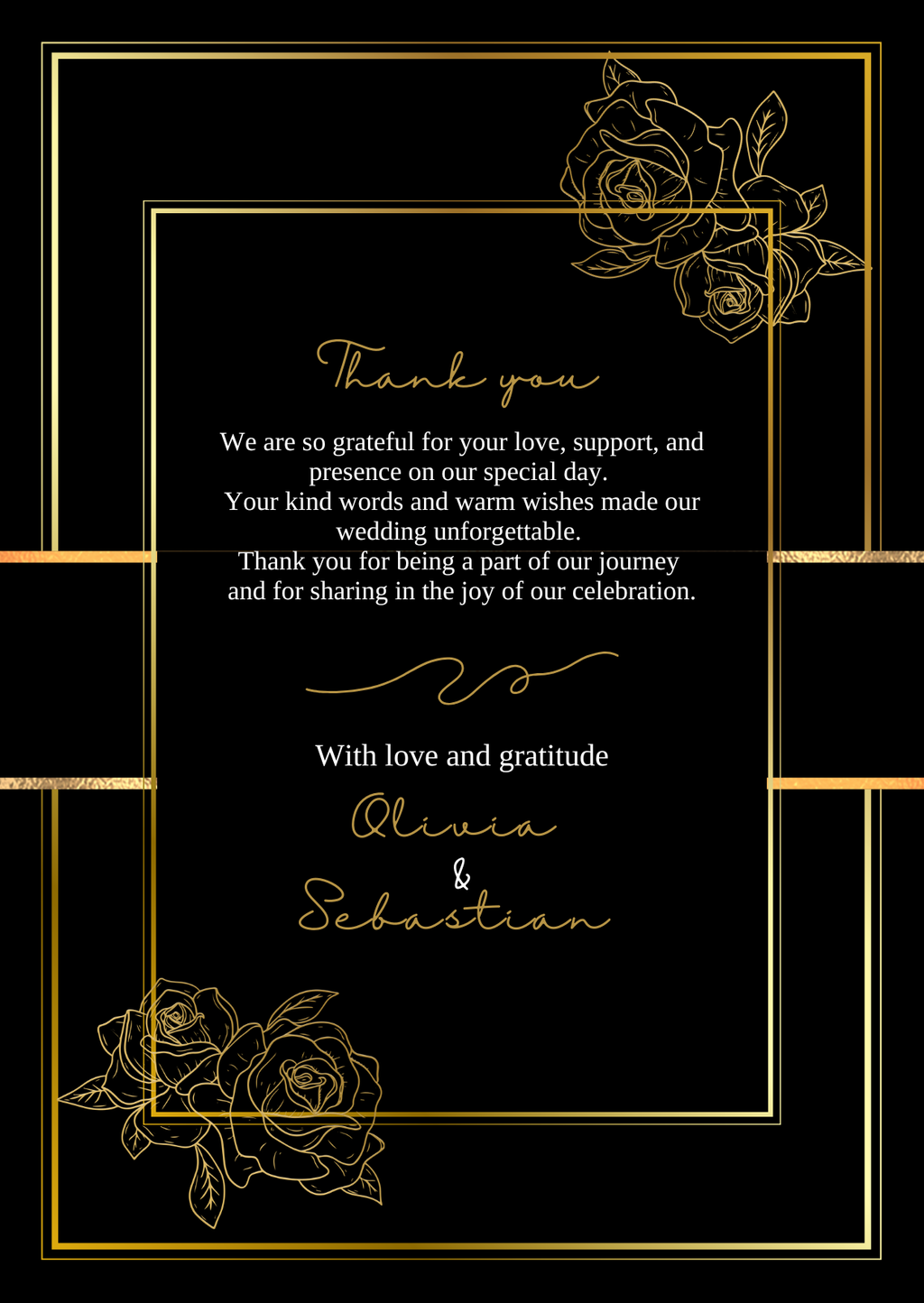 Wedding Thank You Card — Editable Canva Template | Black & Gold Roses