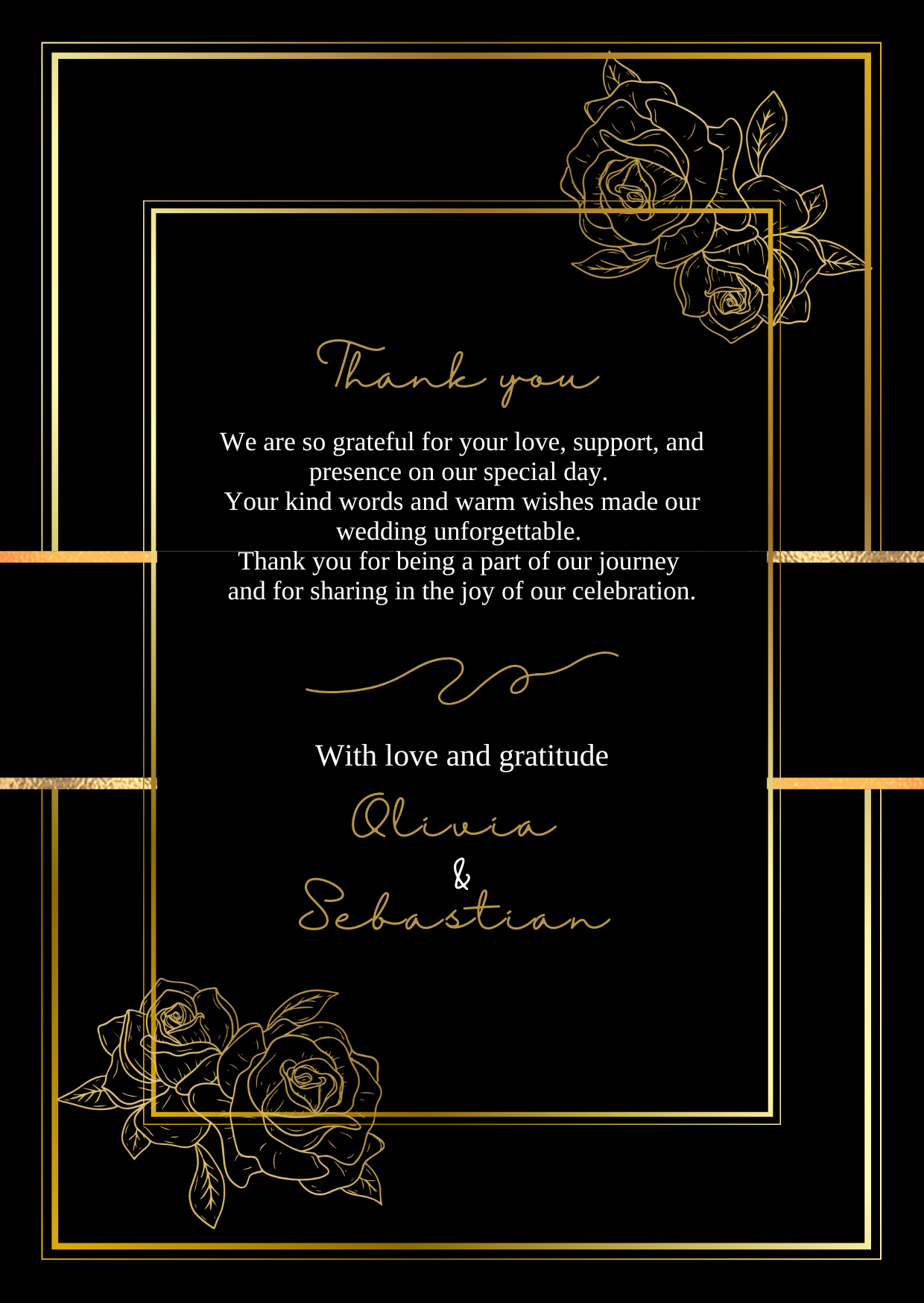 Wedding Thank You Card — Editable Canva Template | Black & Gold Roses