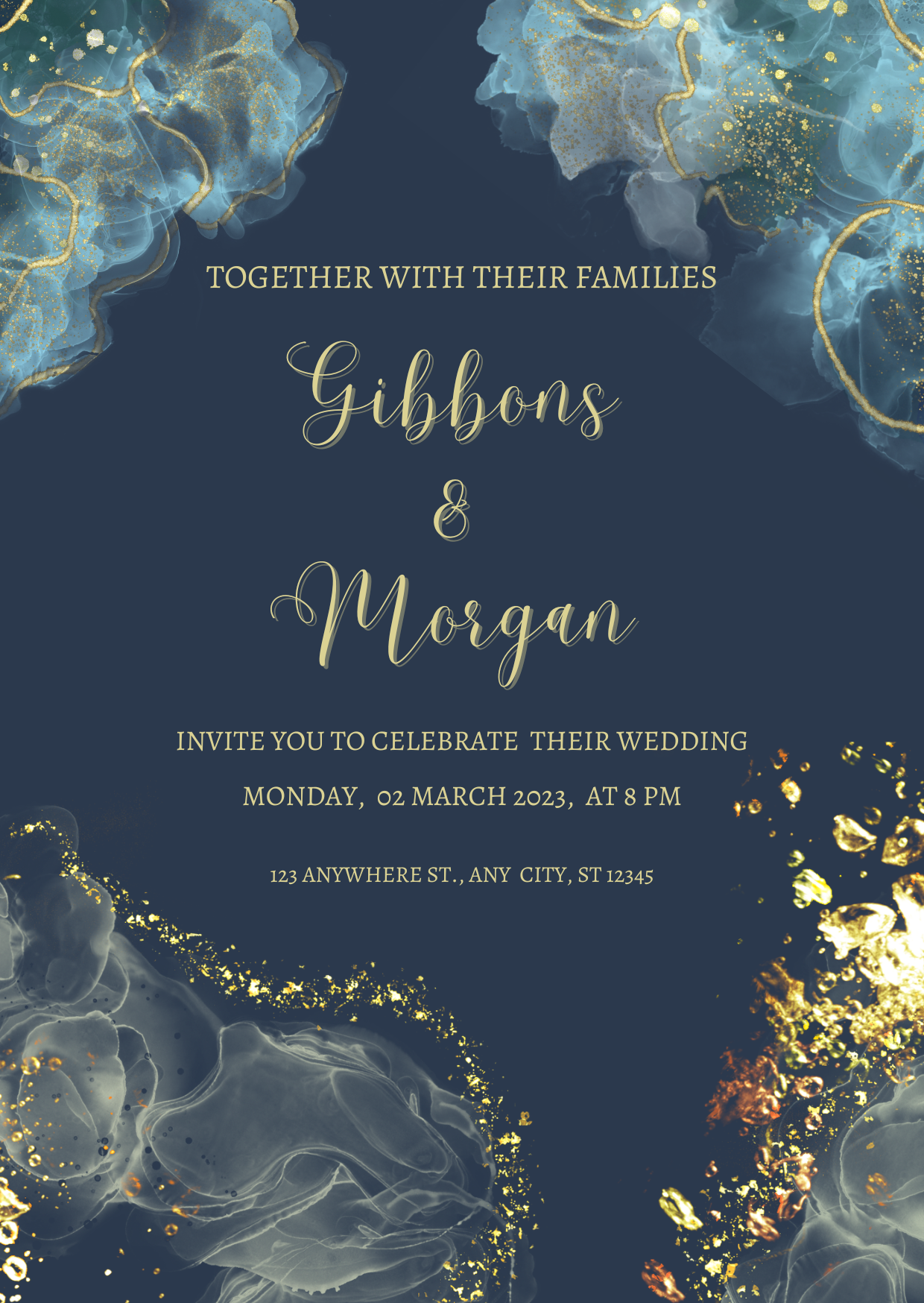 Wedding Invitation — Editable Canva Template | Navy & Gold