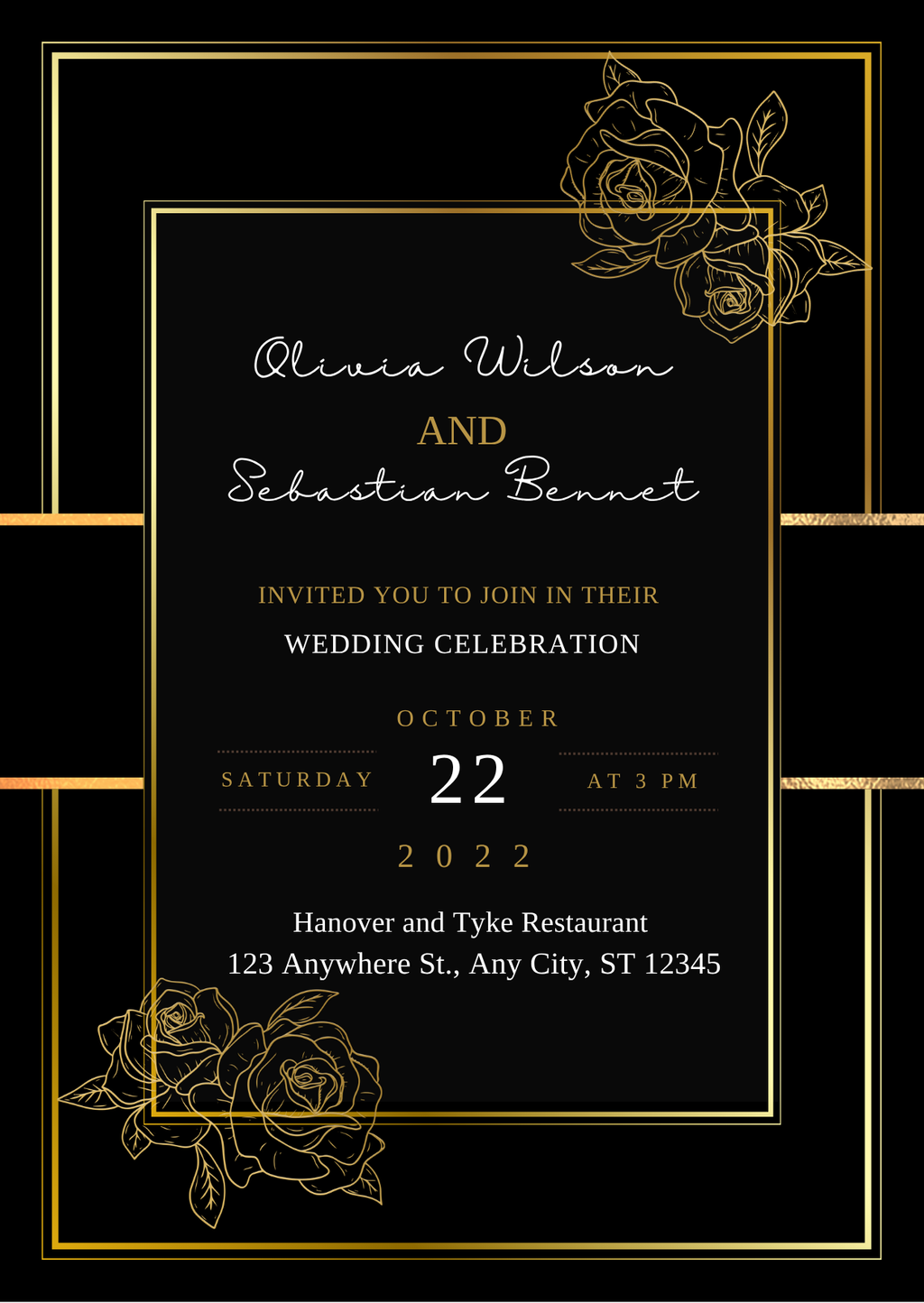 Wedding Invitation — Editable Canva Template | Black & Gold Roses
