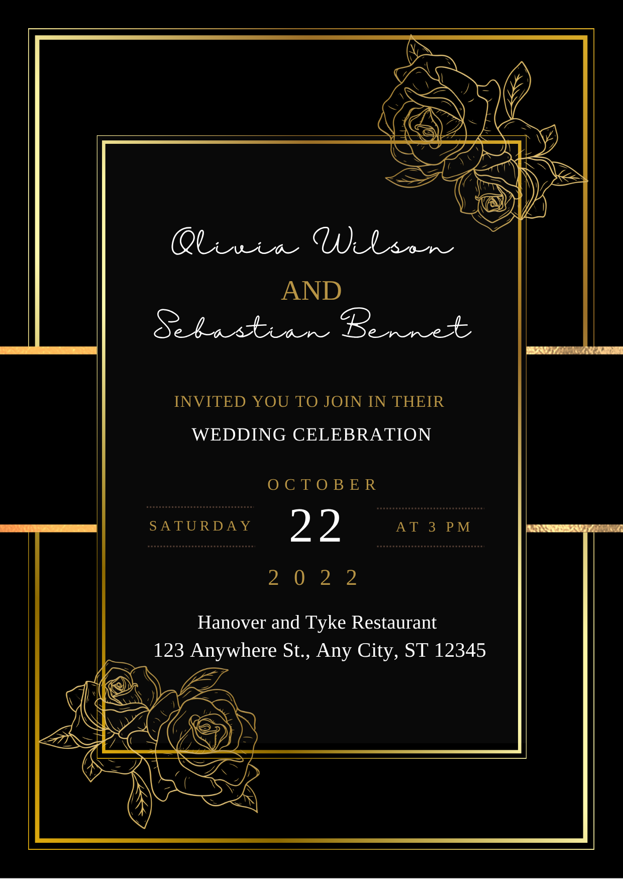 Wedding Invitation — Editable Canva Template | Black & Gold Roses