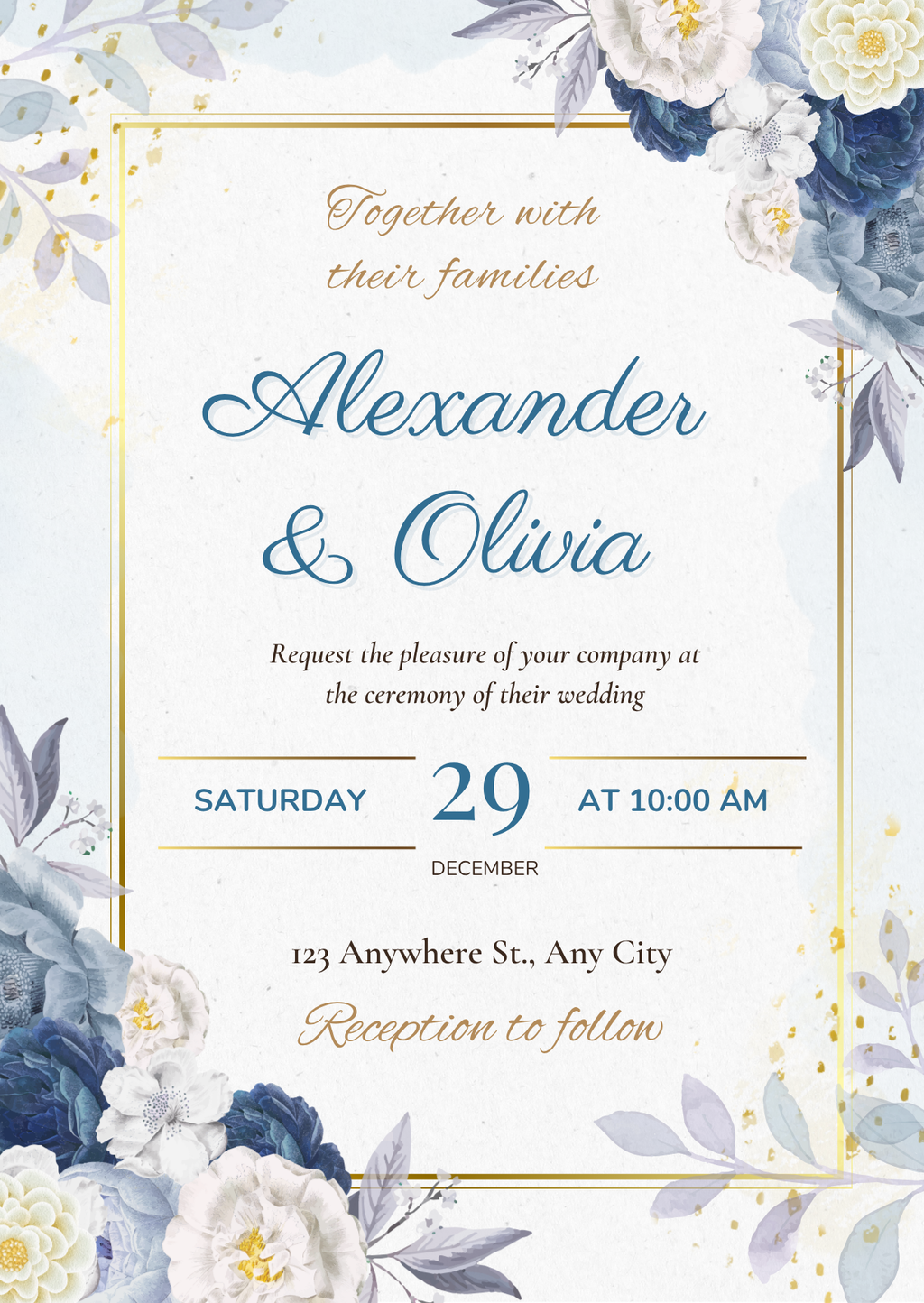 Wedding Invitation — Editable Canva Template | Blue Floral