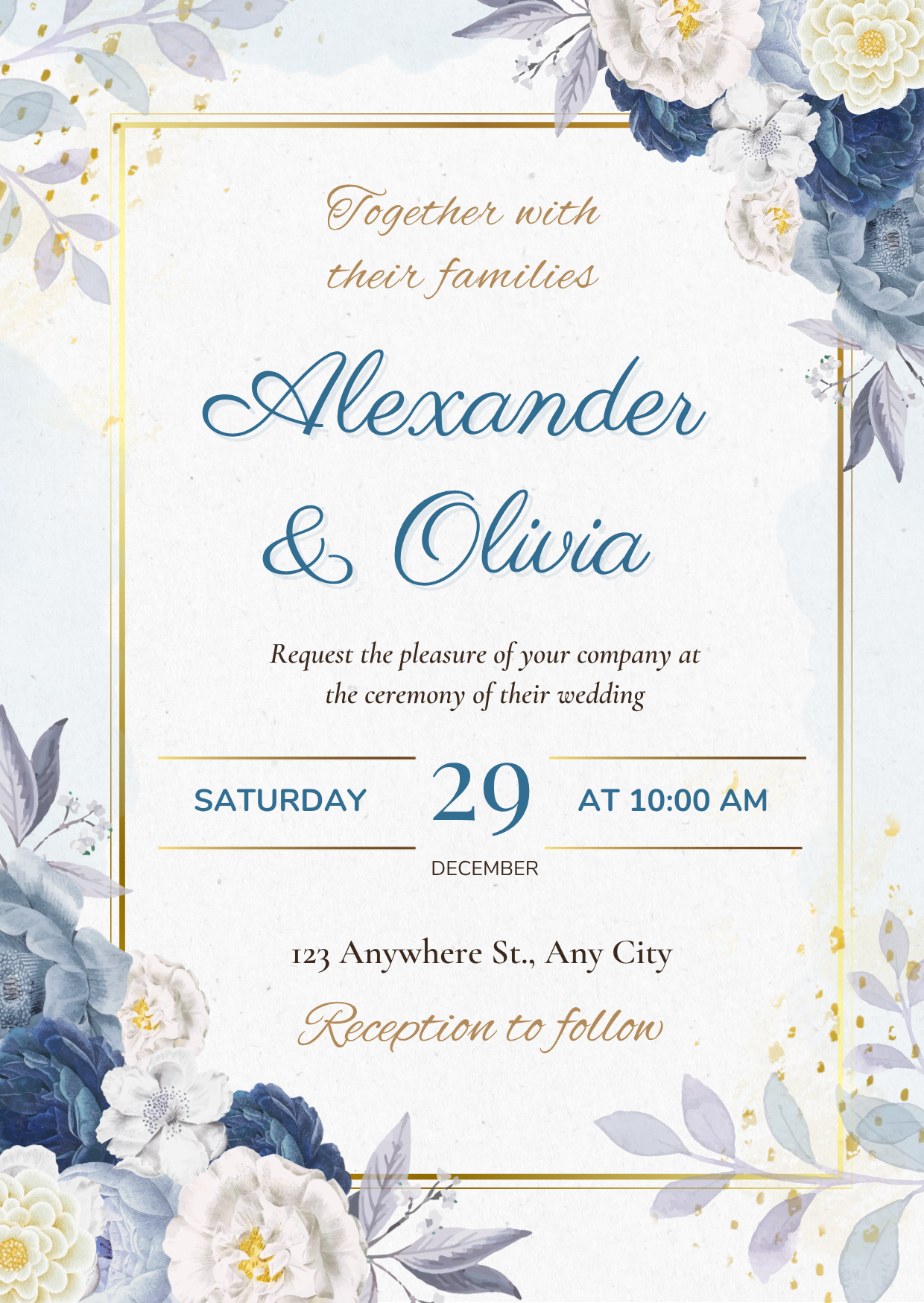 Wedding Invitation — Editable Canva Template | Blue Floral