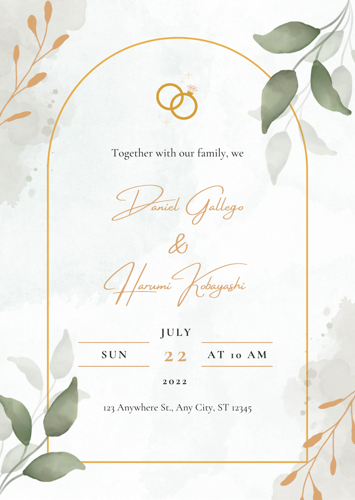 Wedding Invitation — Editable Canva Template | Gold Arch Botanical