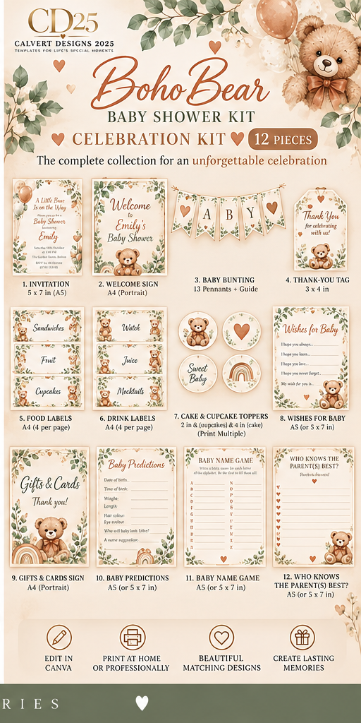 Boho Bear Baby Shower Celebration Kit — Celebration (12-Piece)