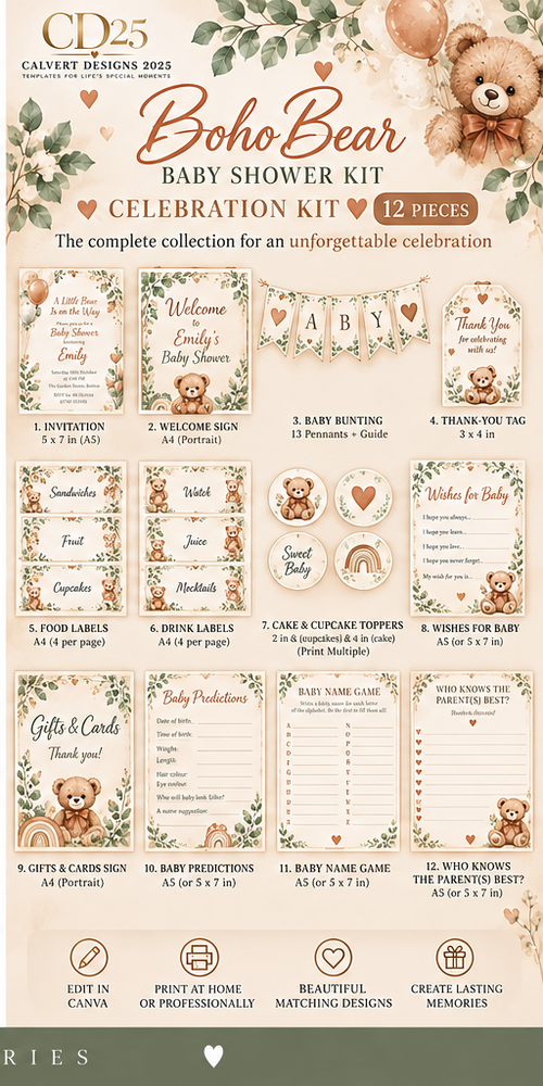 Boho Bear Baby Shower Celebration Kit — Celebration (12-Piece)