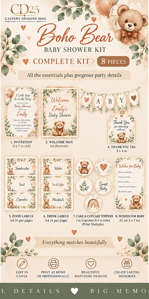 Boho Bear Baby Shower Celebration Kit — Complete (8-Piece)