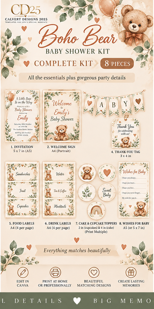 Boho Bear Baby Shower Celebration Kit — Complete (8-Piece)