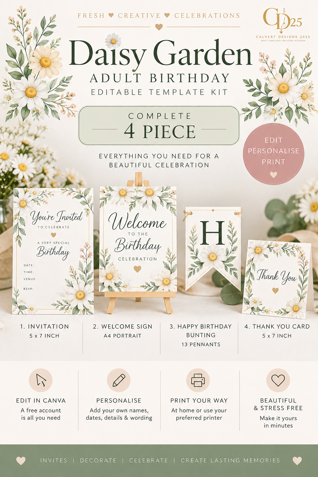 Daisy Garden adult birthday 4-piece editable celebration kit