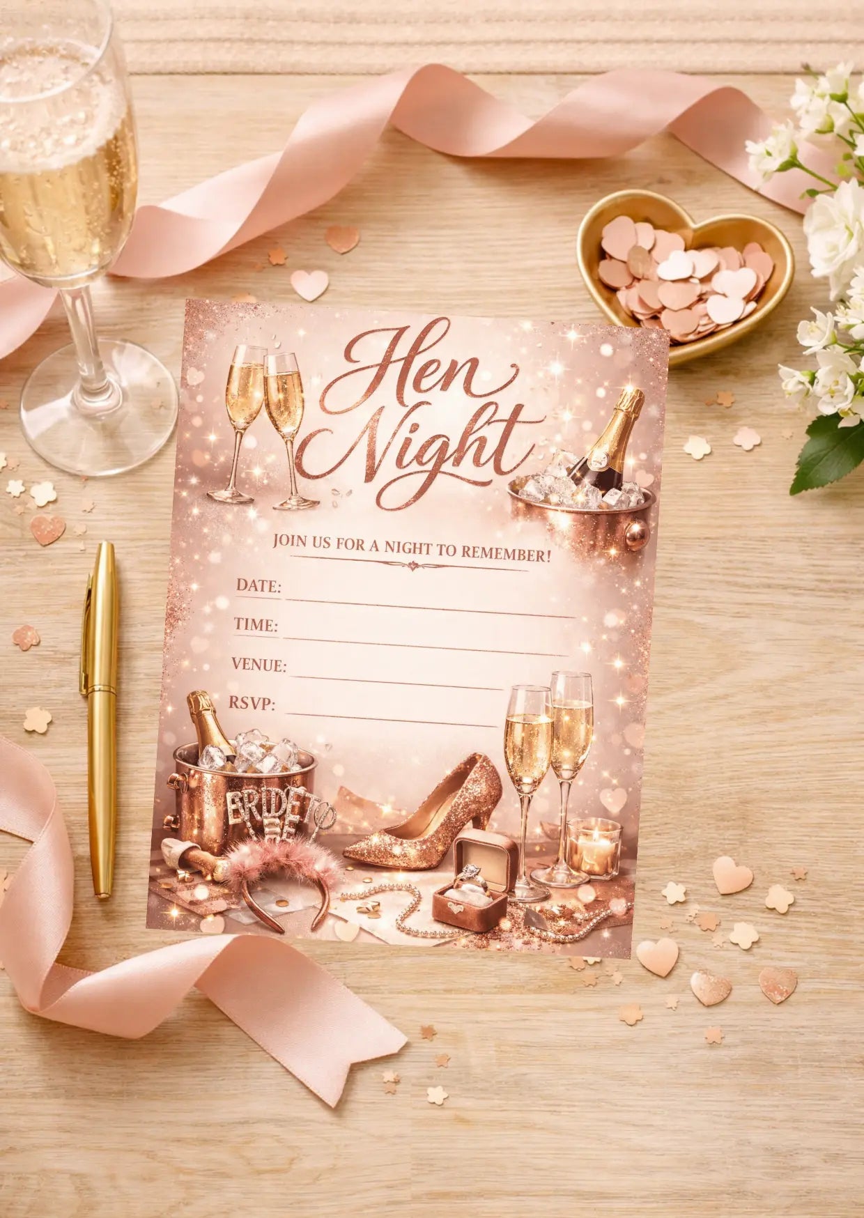 Rose Gold Glitter Hen Night Invitation | Editable Canva Template | Printable Digital Download