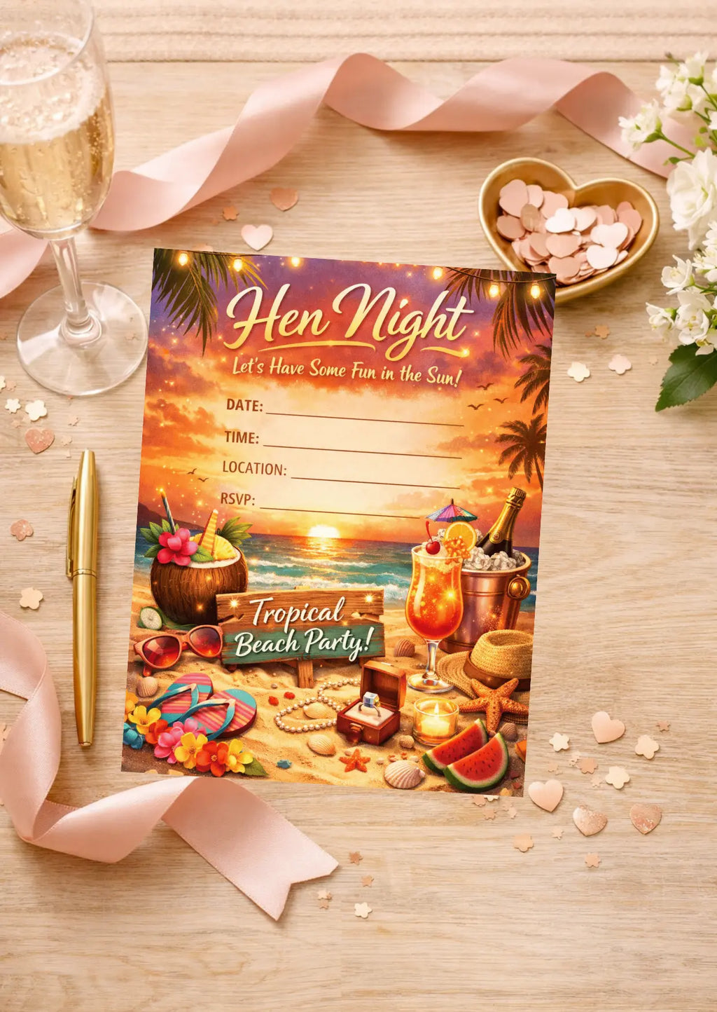 Tropical Beach Party Hen Night Invitation | Editable Canva Template | Sunset Beach Hen Invite