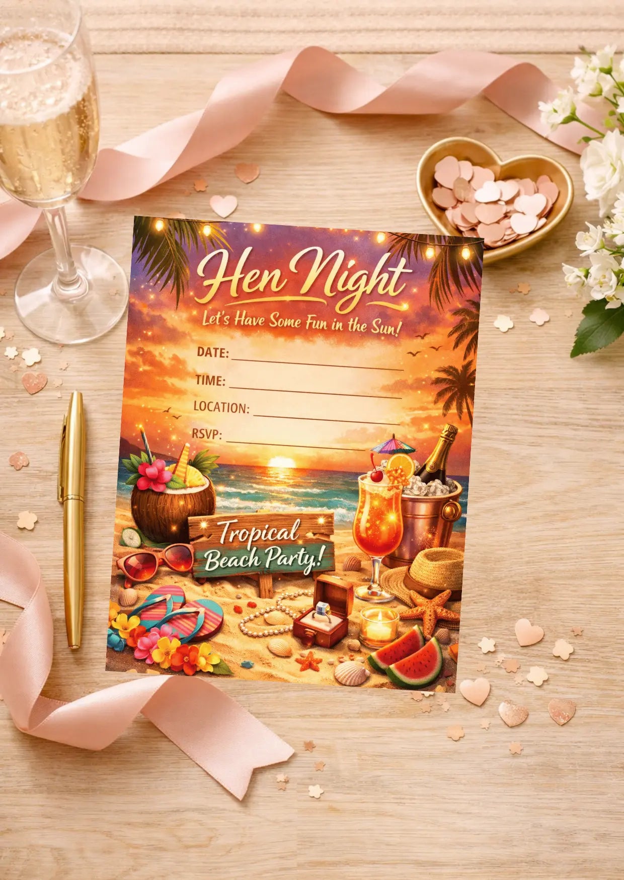 Tropical Beach Party Hen Night Invitation | Editable Canva Template | Sunset Beach Hen Invite