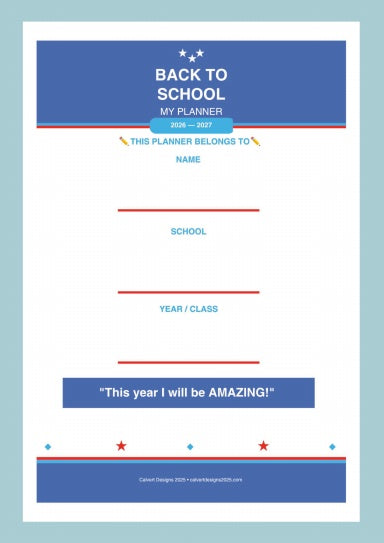 School homework planner 2026-2027 cover — printed student daily and weekly organiser for kids UK