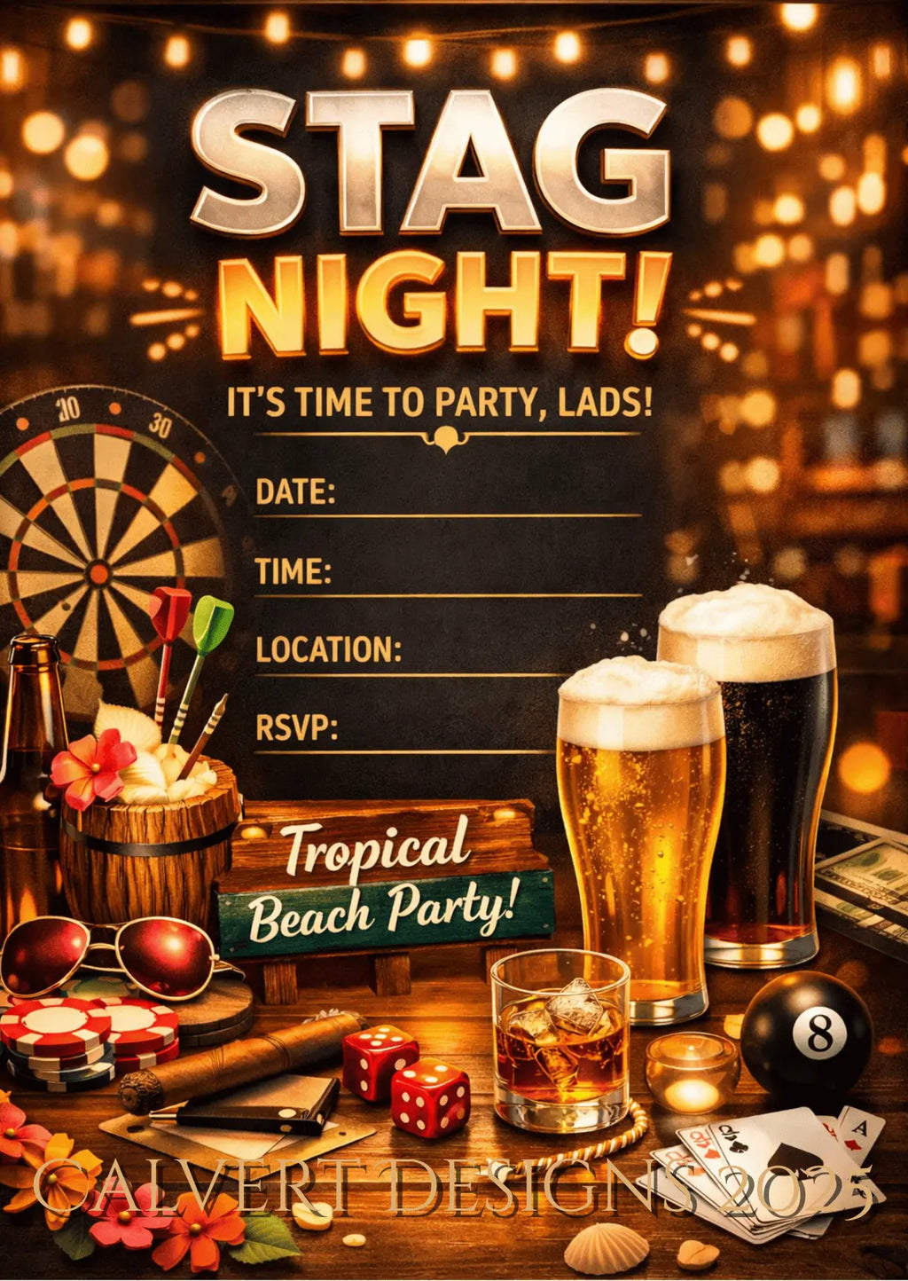 Stag Night Pub Party Invitation | Editable Canva Template | Darts & Beer Printable Invite