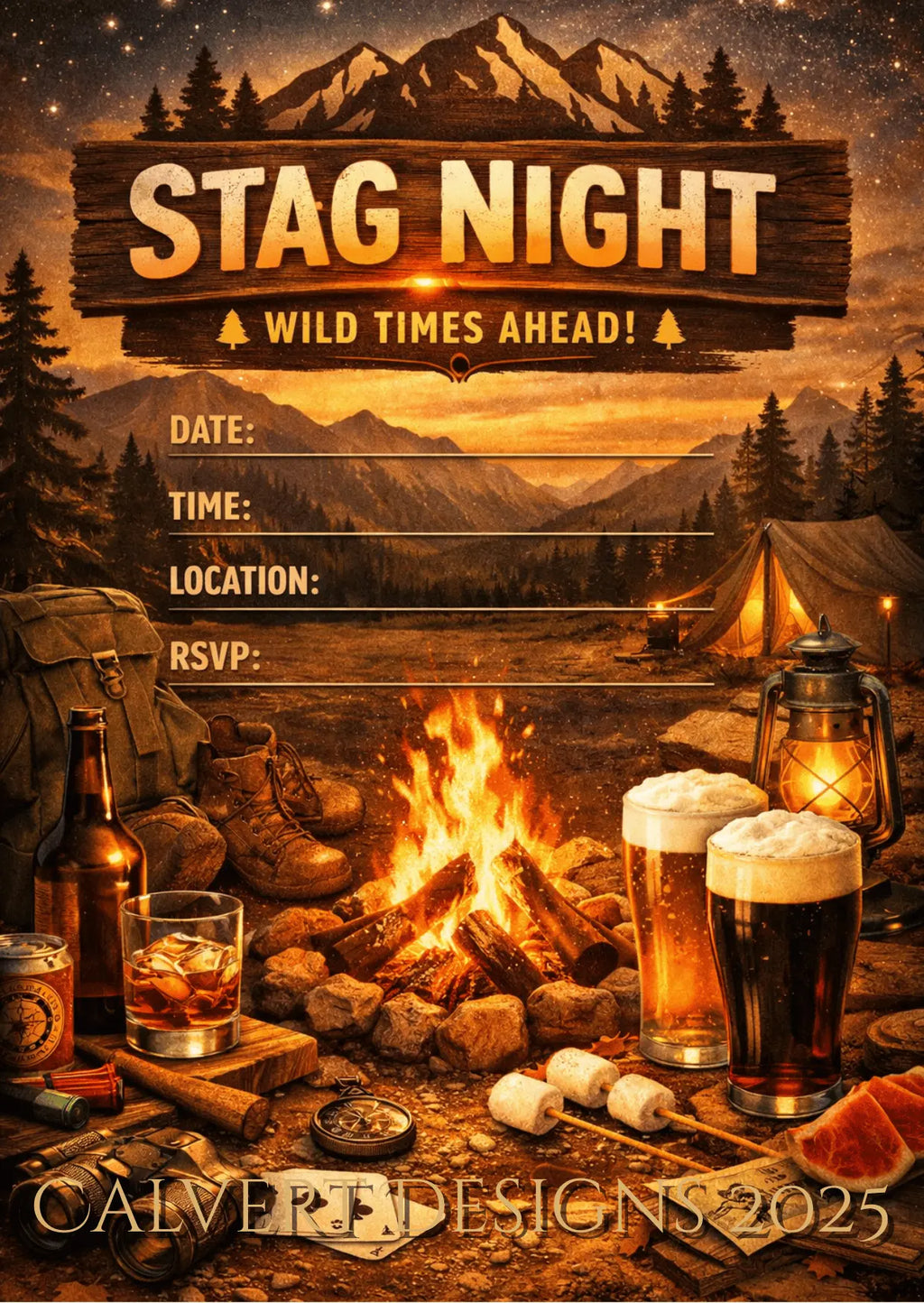 Stag Night Campfire Invitation | Editable Canva Template | Outdoor Adventure Printable Invite