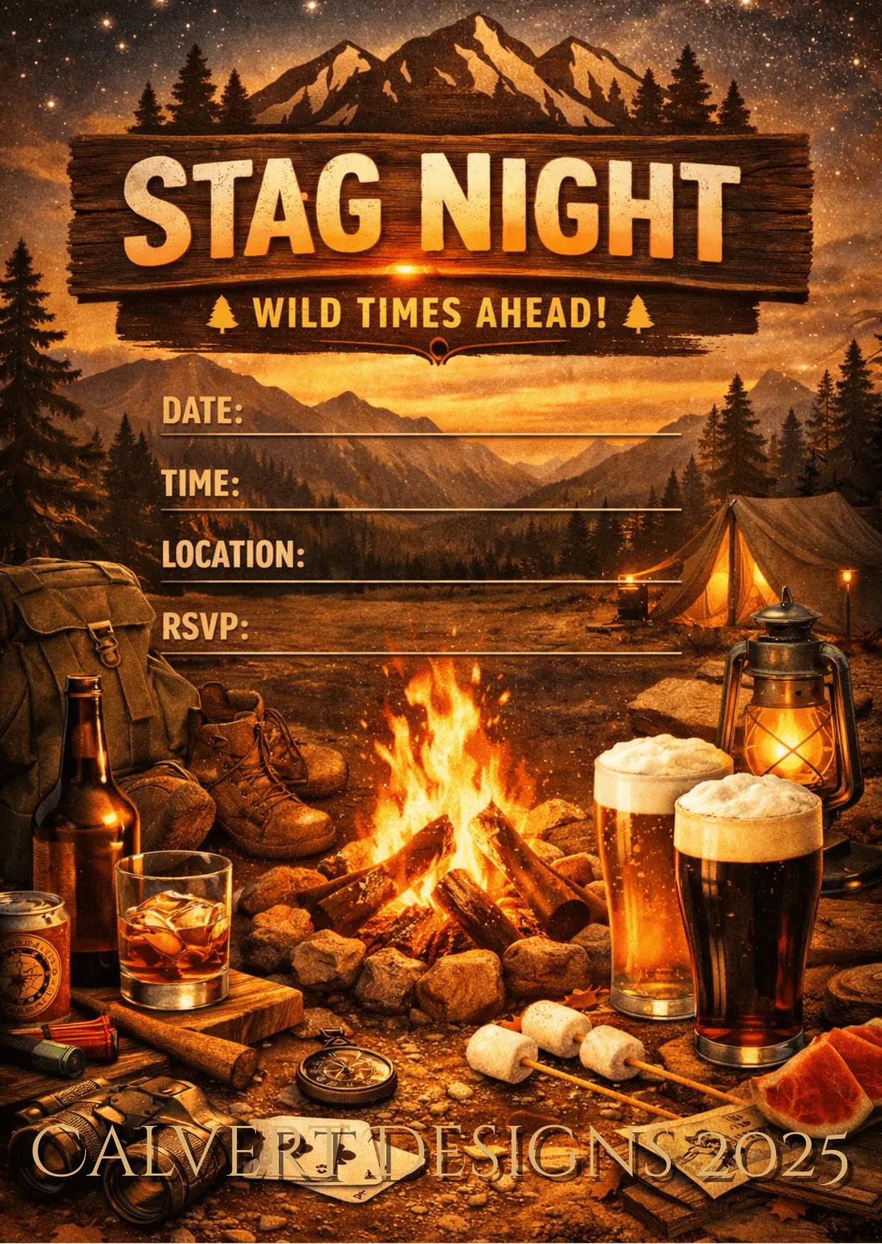 Stag Night Campfire Invitation | Editable Canva Template | Outdoor Adventure Printable Invite