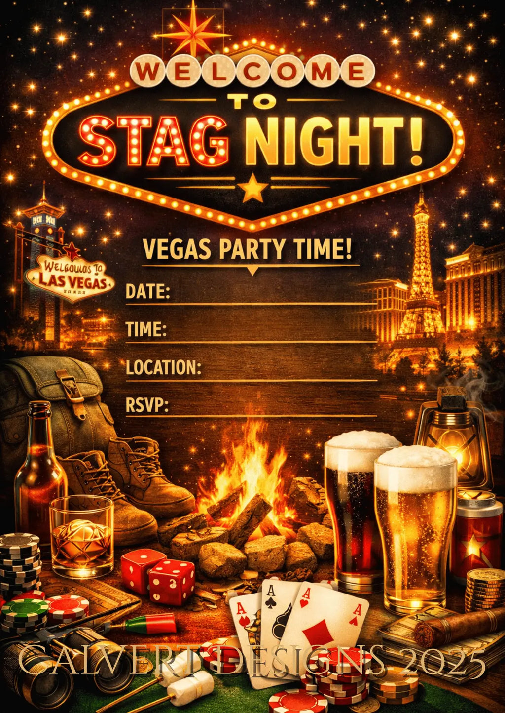 Vegas Stag Night Invitation | Editable Canva Template | Poker & Lights Printable Invite