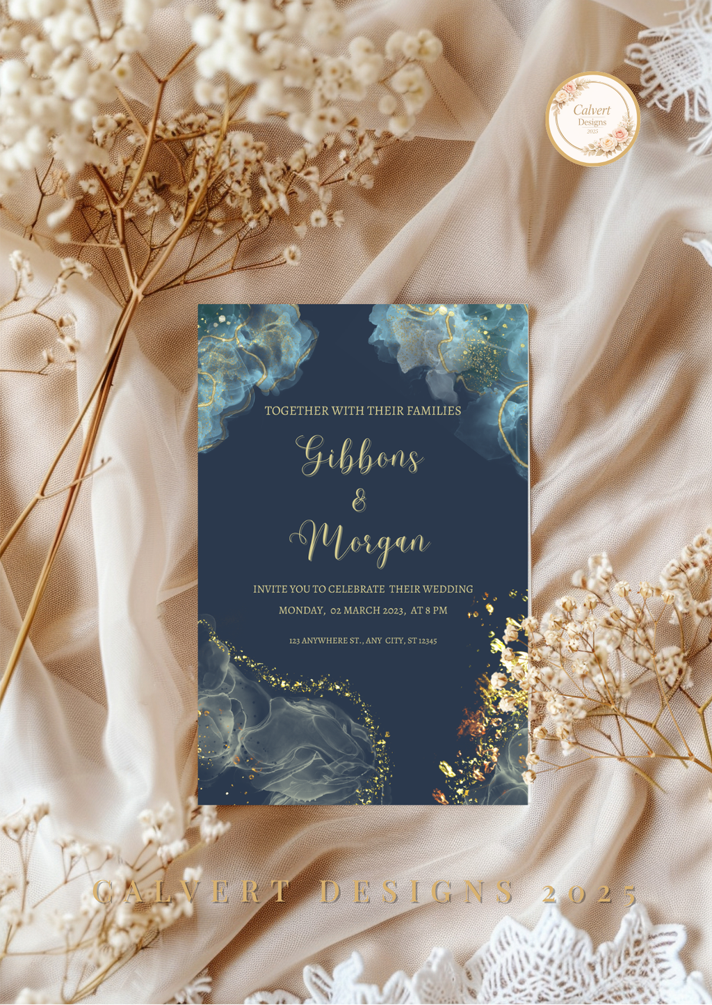 Wedding Invitation — Editable Canva Template | Navy & Gold