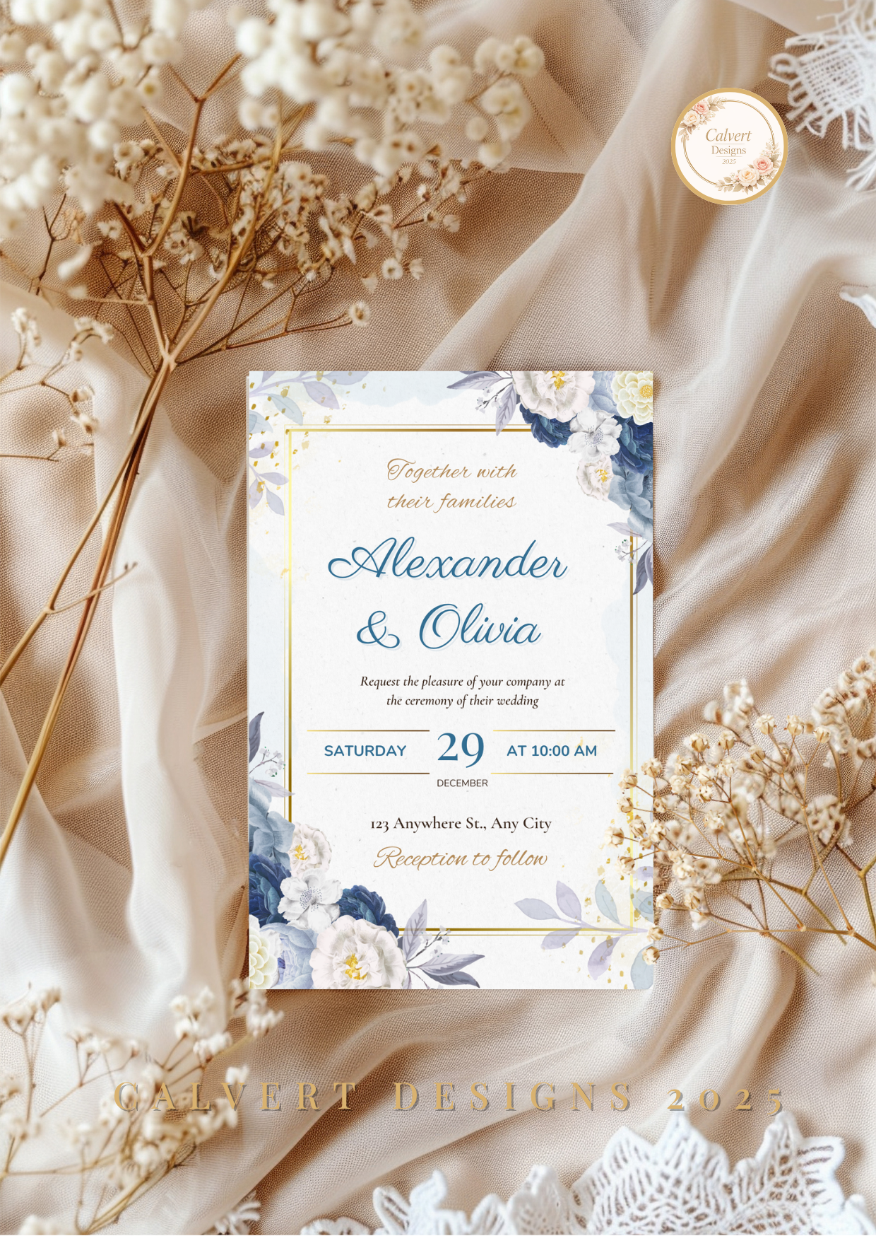 Wedding Invitation — Editable Canva Template | Blue Floral