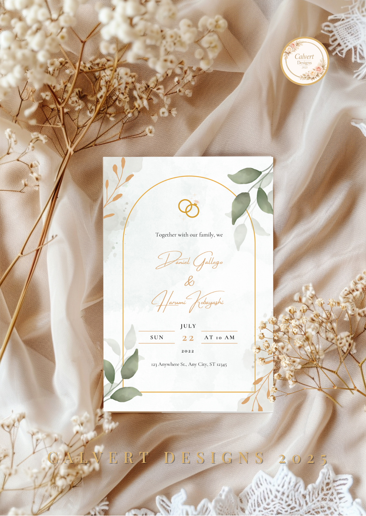 Wedding Invitation — Editable Canva Template | Gold Arch Botanical