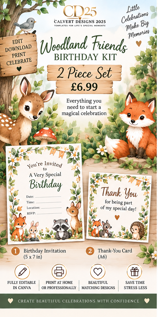 Woodland Friends birthday 2-piece editable celebration kit