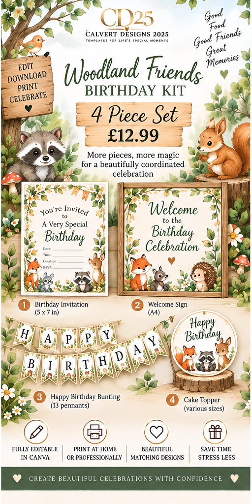 Woodland Friends birthday 4-piece editable celebration kit