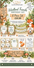Woodland Friends birthday 8-piece editable celebration kit