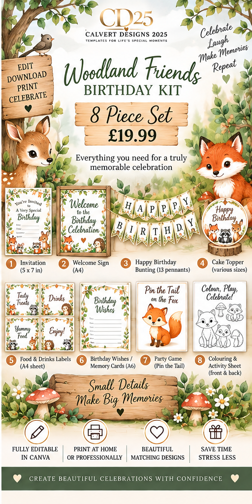 Woodland Friends birthday 8-piece editable celebration kit